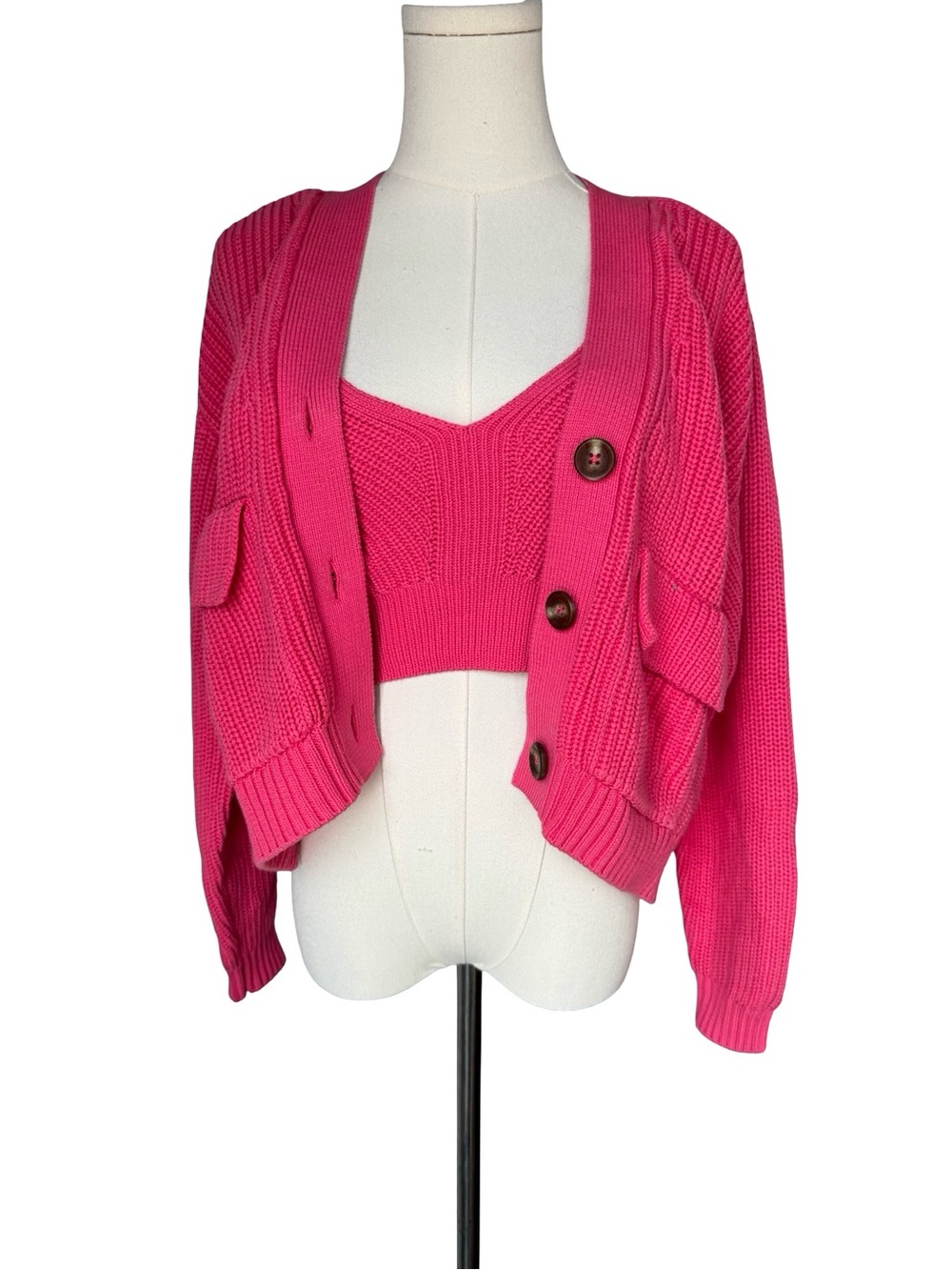 Pistola Hot Pink Knit Cardigan with Matching Cropped Tank NWT